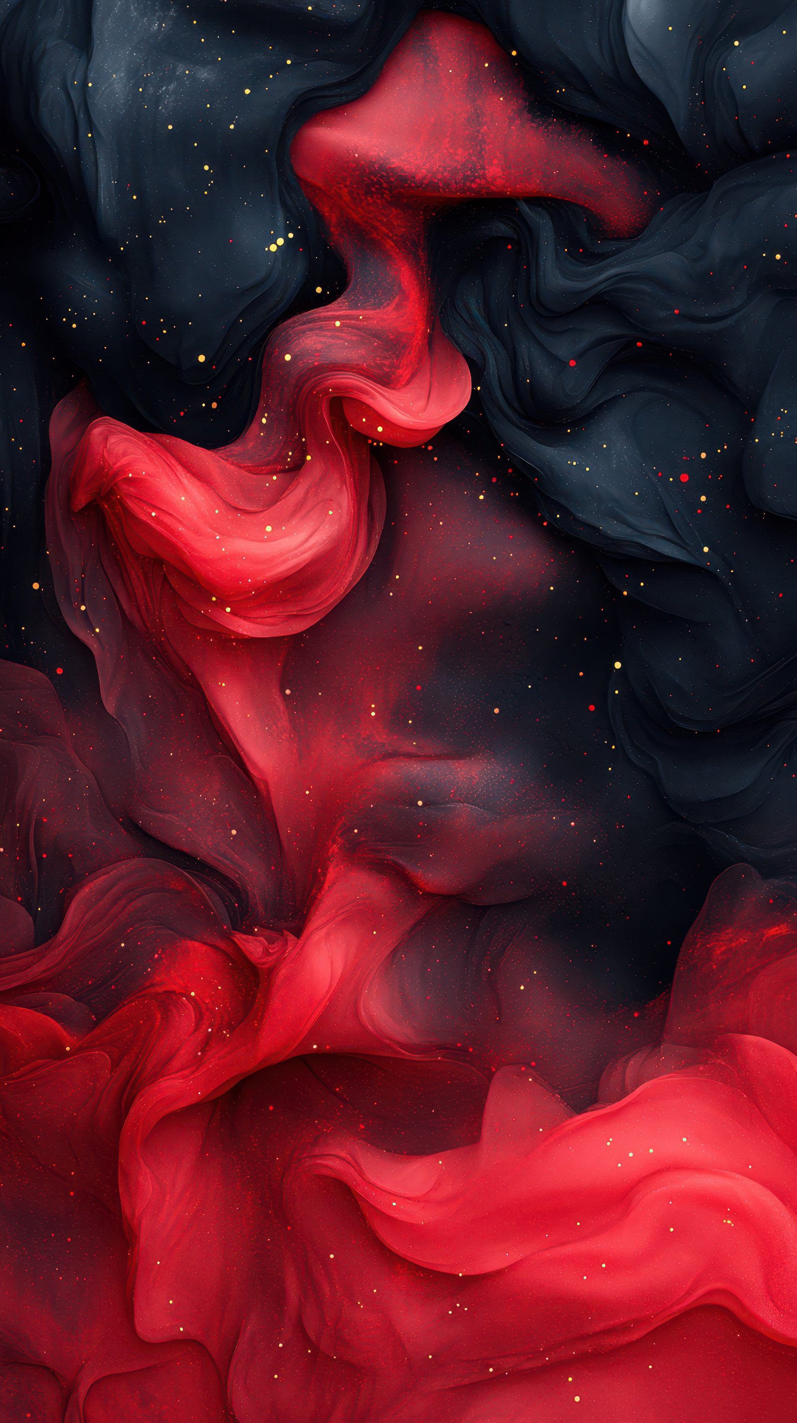 Swirling red and black abstract background with shimmering highlights floating around